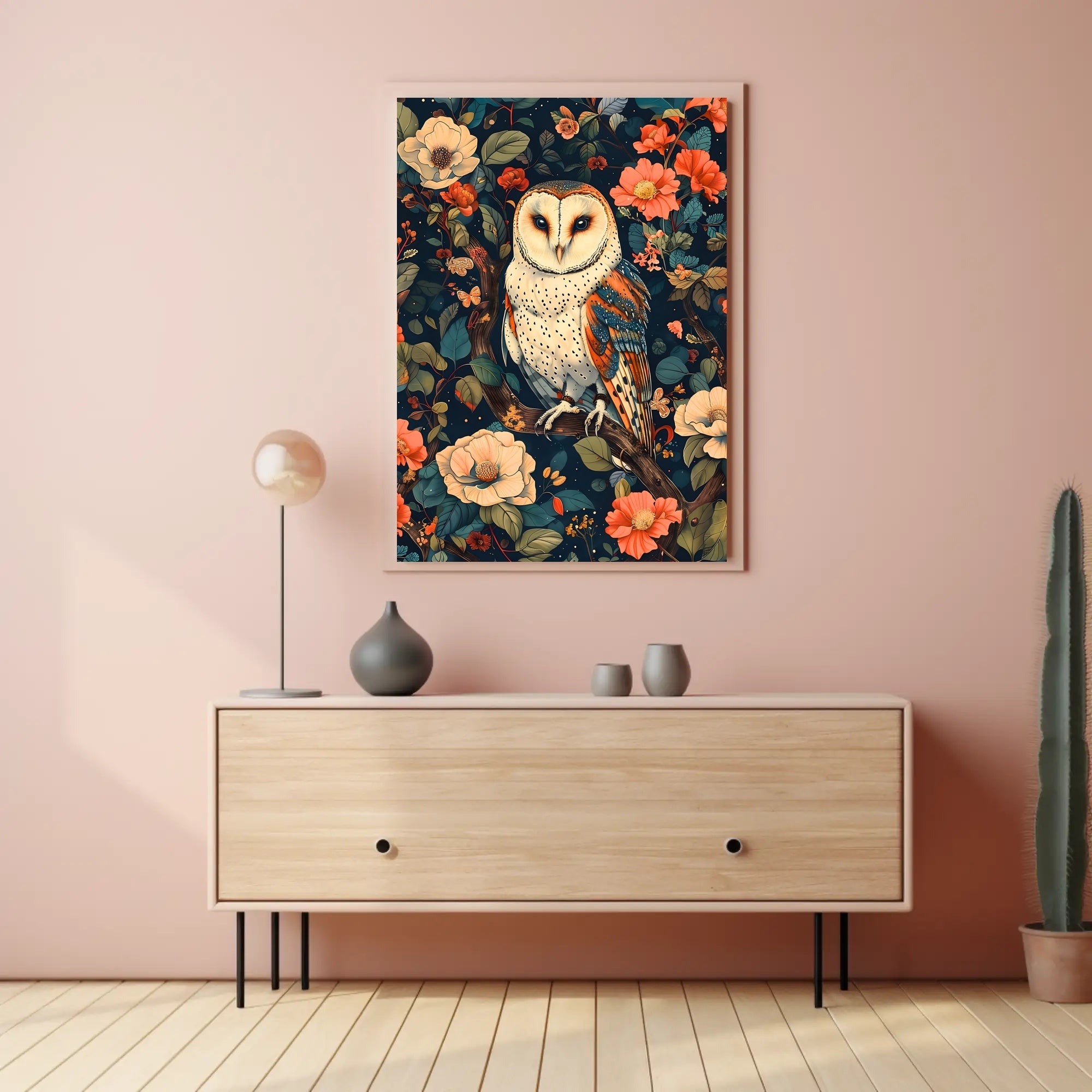 Barn Owl Amid Enchanted Flora: Artistic Animal Poster