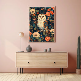 Barn Owl Amid Enchanted Flora: Artistic Animal Poster