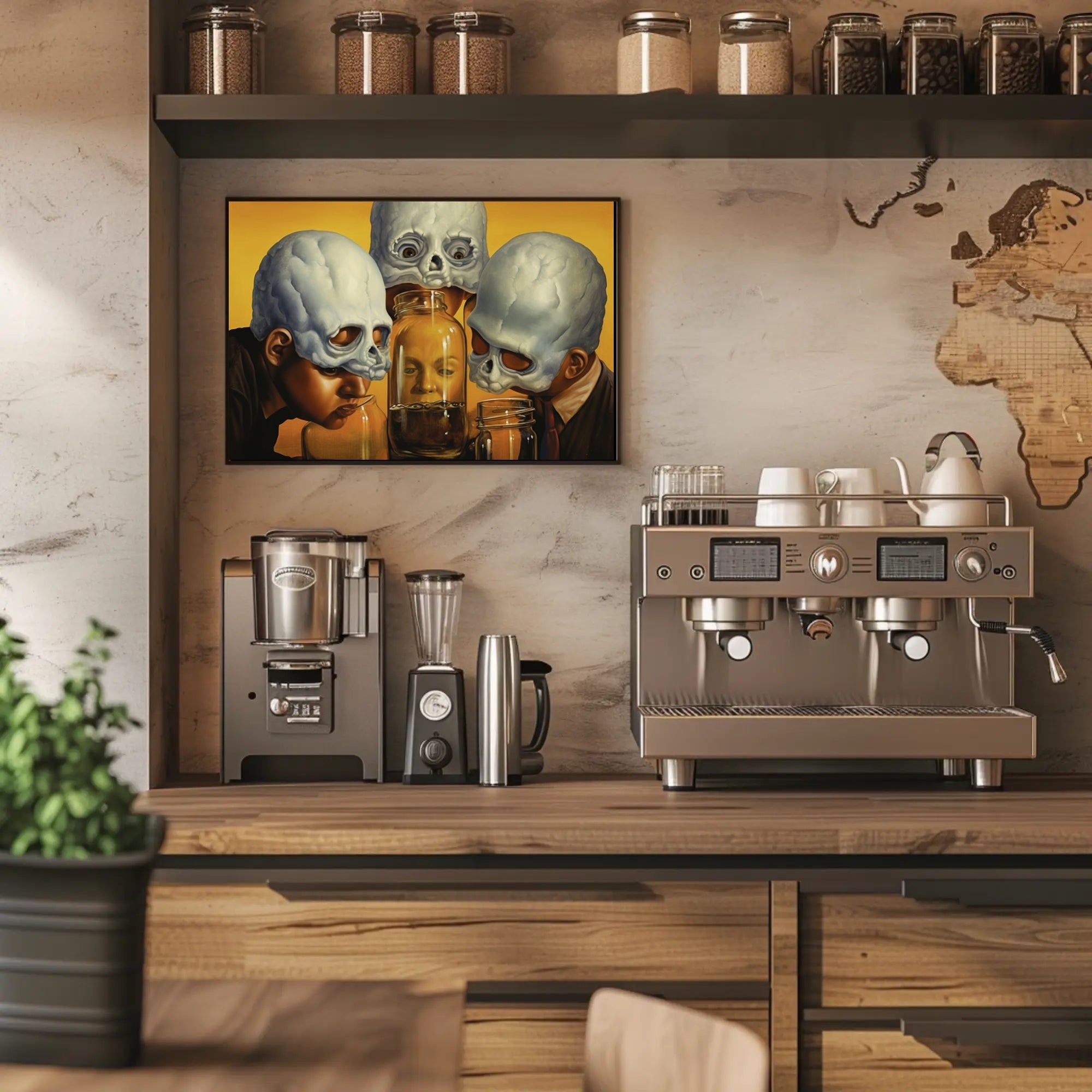 Surreal Identity Art with Skulls and Jars - Artistic Poster