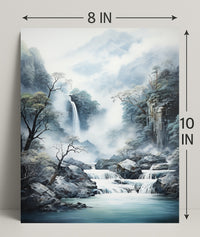 Tranquil Waterfall In Misty Mountains Poster