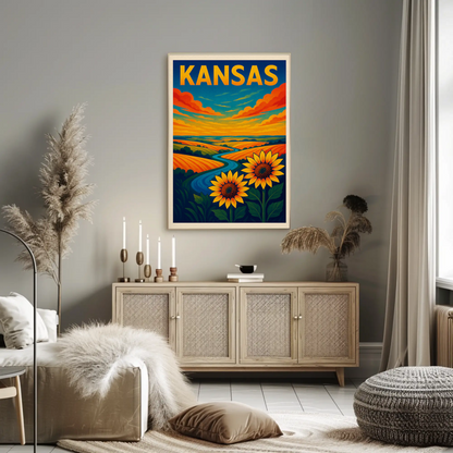 Kansas Sunflowers Prairie Horizon River Travel Poster