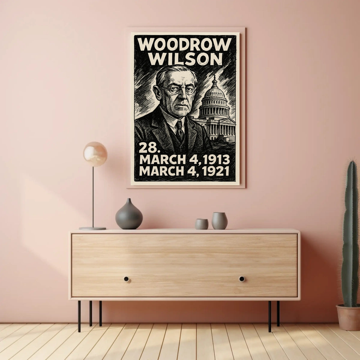 Woodrow Wilson 28th President of the United States B & W Comic Sketch Poster