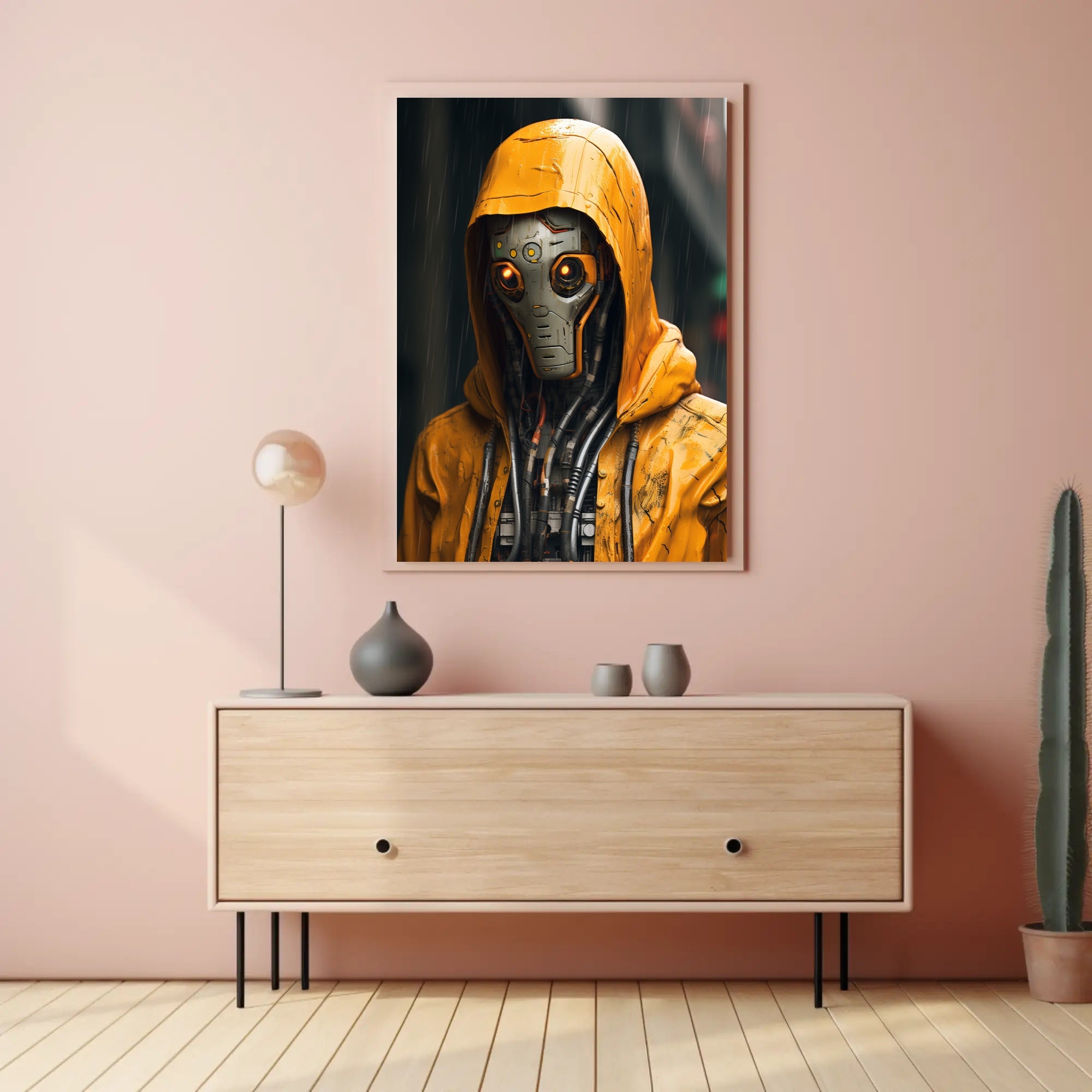 Cybernetic Sentinel In The Rain Poster PosterGoat