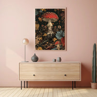 Lush Forest Floor with Enchanting Mushroom Fantasy Poster