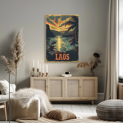 Laos River Sunset Palm Trees Landscape Travel Poster