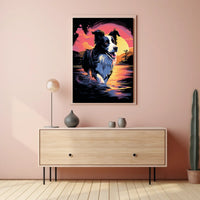 Fetching Border Collie Scenic Sunrise Dog Breed Poster