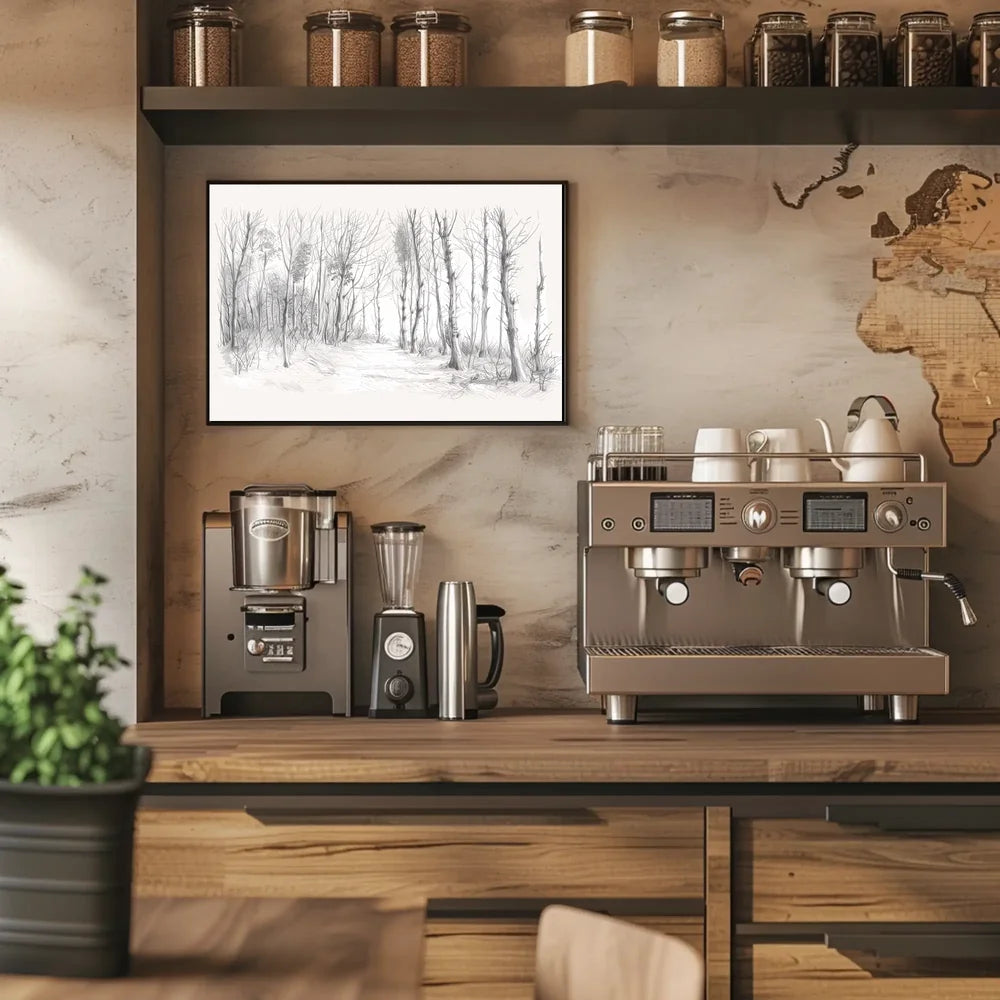 Serene Winter Forest Pencil Sketch Art Poster