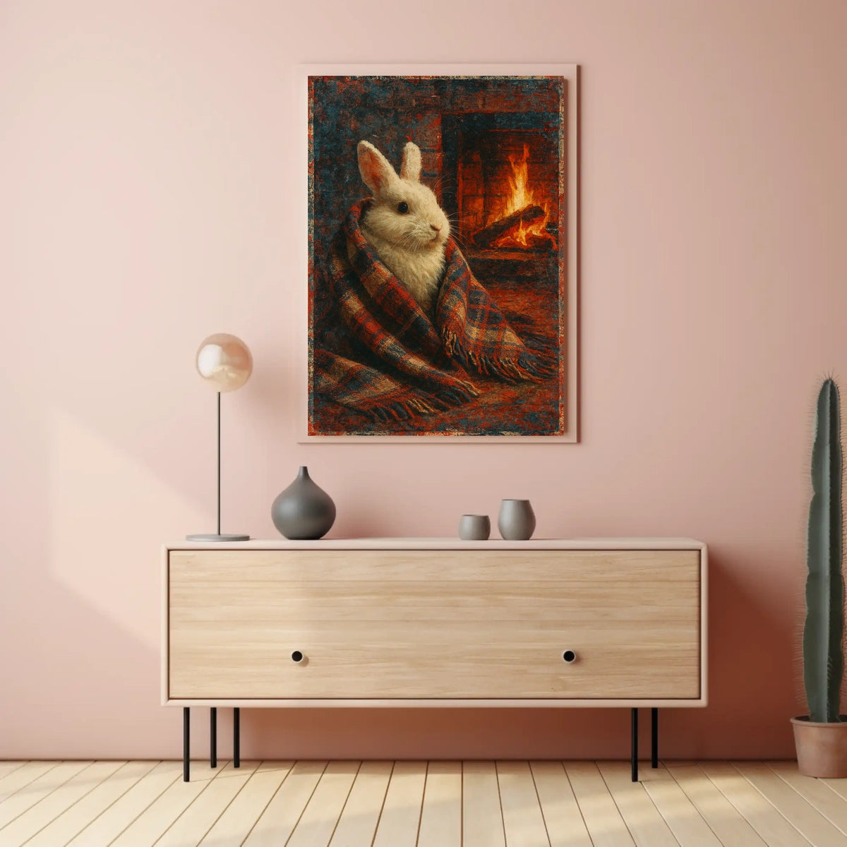 Cozy Rabbit by the Fireplace Poster