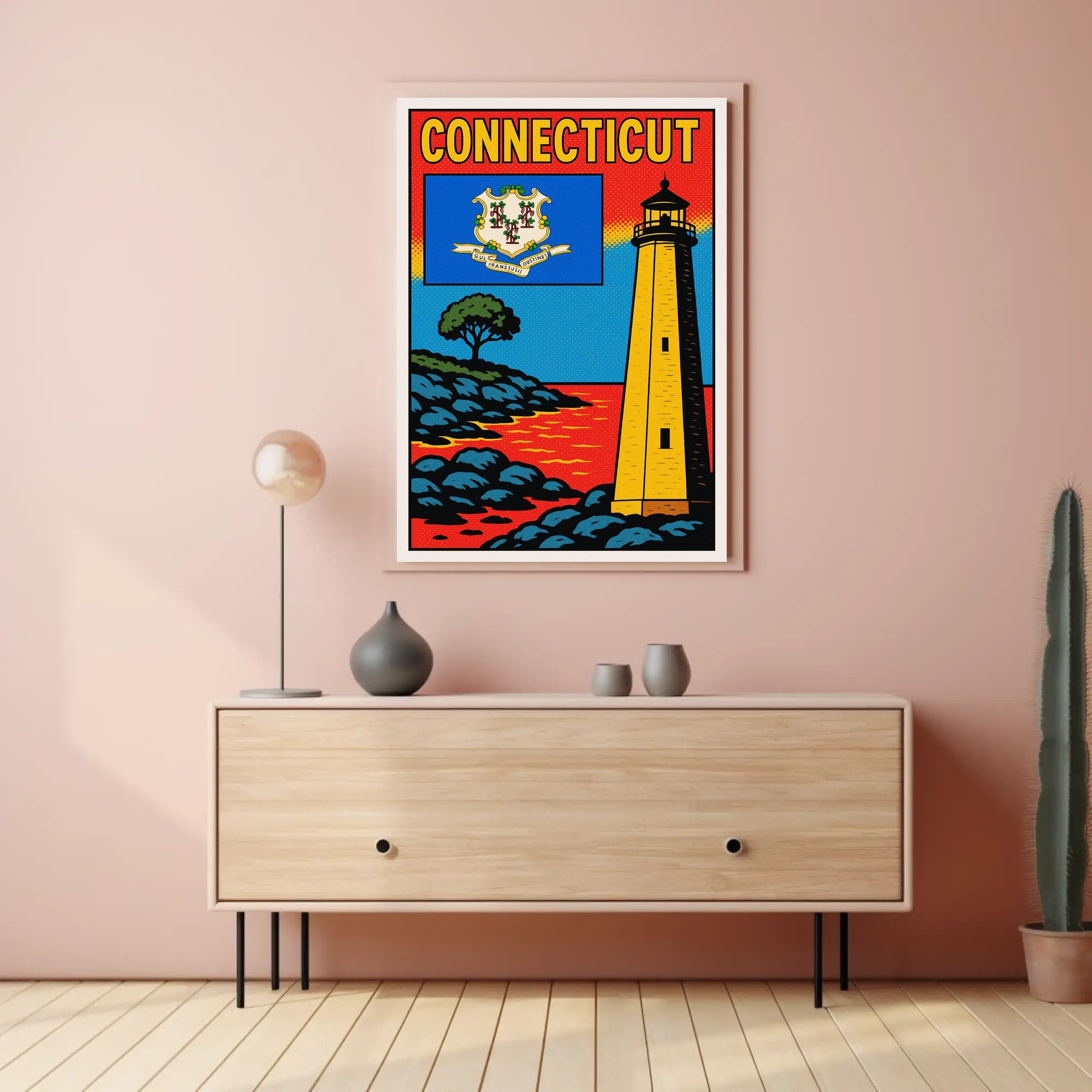 Connecticut Lighthouse and State Emblem Poster PosterGoat