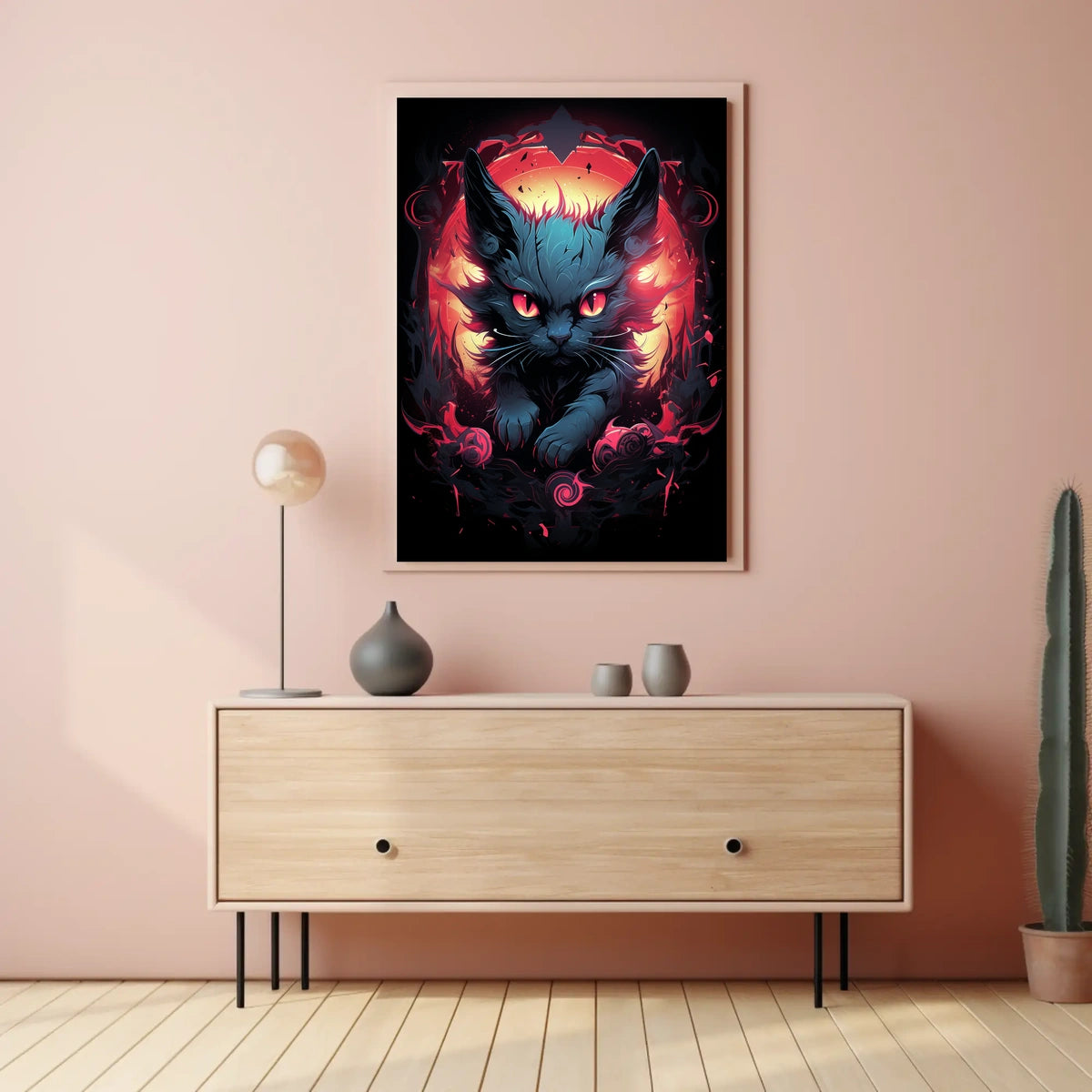The poster features a striking, surreal illustration of a cat with intense, glowing Travel Poster