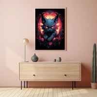 The poster features a striking, surreal illustration of a cat with intense, glowing Travel Poster