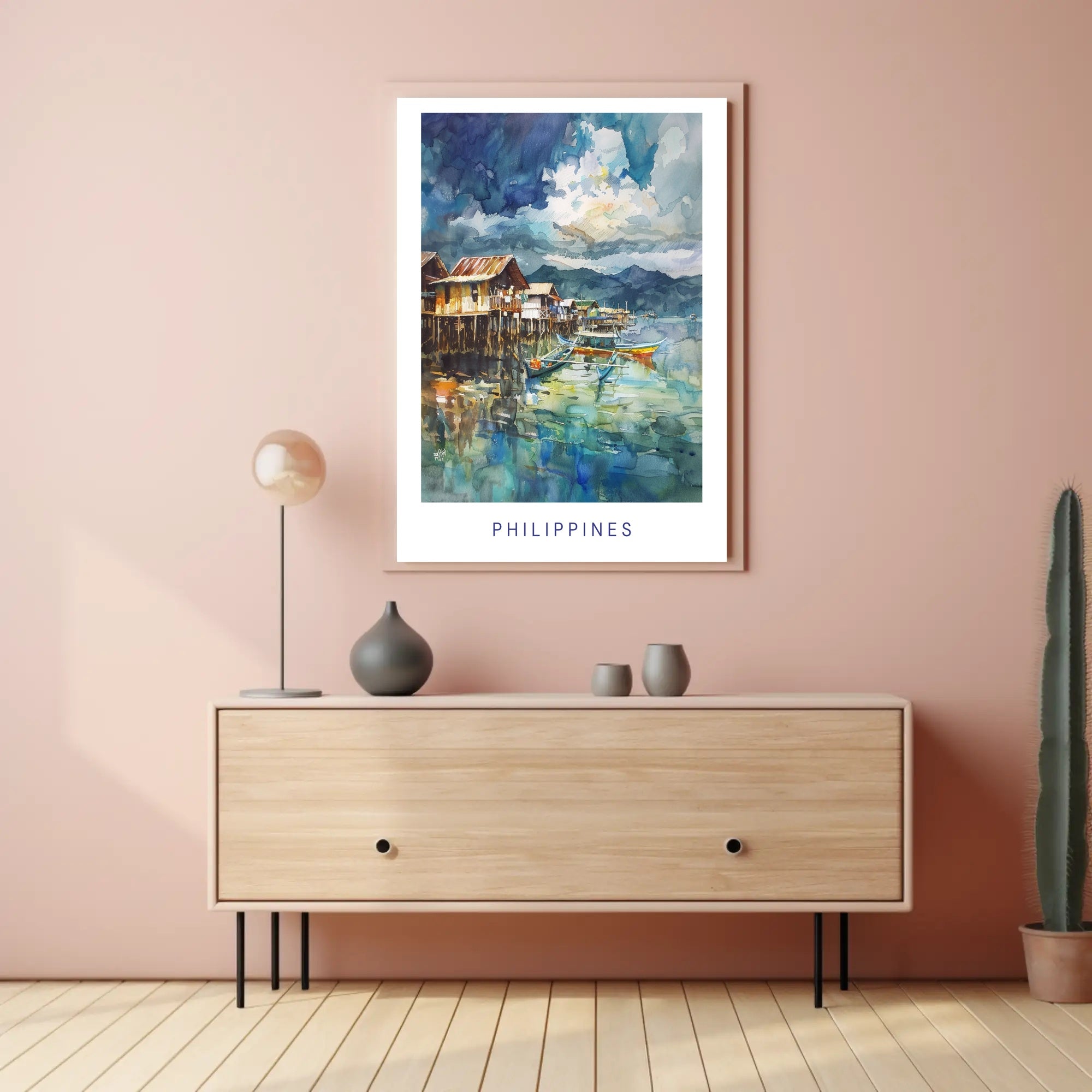 Tranquil Philippine Coastal Scene Watercolor Travel Poster PosterGoat