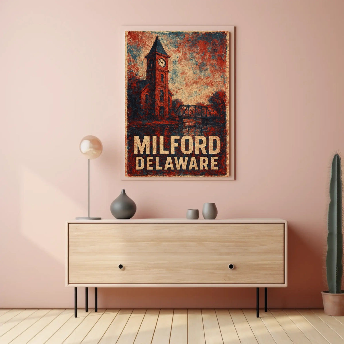Milford Delaware Scenic Town Landscape Retro Travel Poster