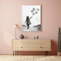 Child Releasing Star Balloons Black And White Sketch Poster