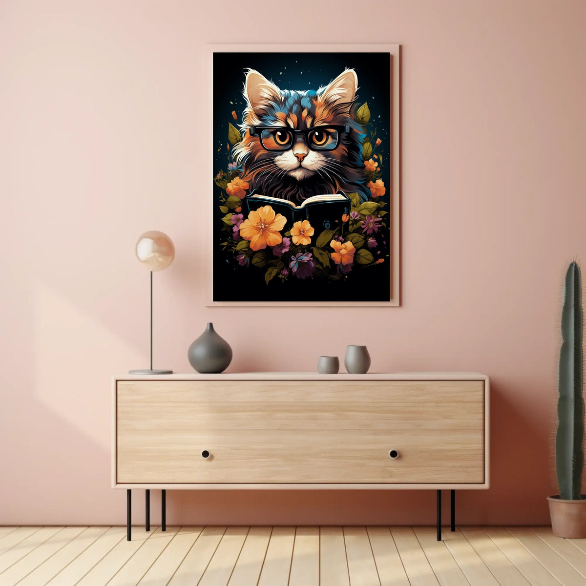 Whimsical Cat Glasses Poster with Vibrant Flowers