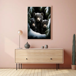 Bear Cubs in Snowy Forest Photorealistic Poster