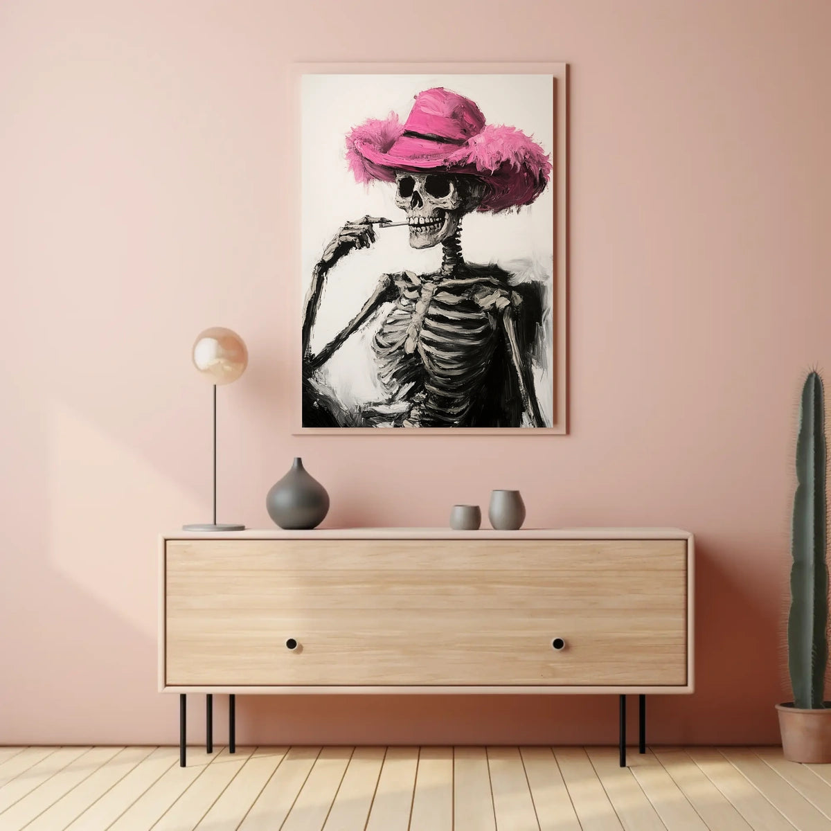Skeleton in Pink Hat Macabre Whimsical Painterly Poster