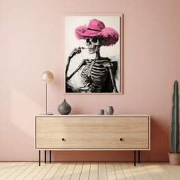Skeleton in Pink Hat Macabre Whimsical Painterly Poster