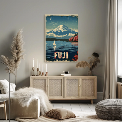 Fuji Mountain Sailing Scene Vintage Travel Poster