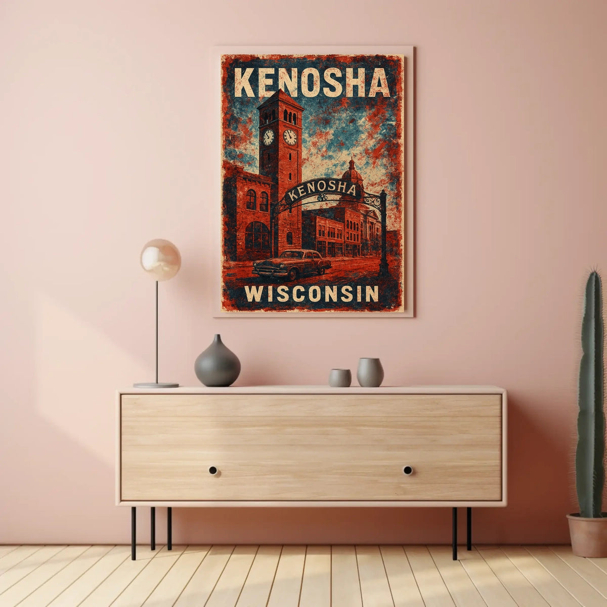 Vintage Kenosha Clock Tower Art Deco Cityscape Poster