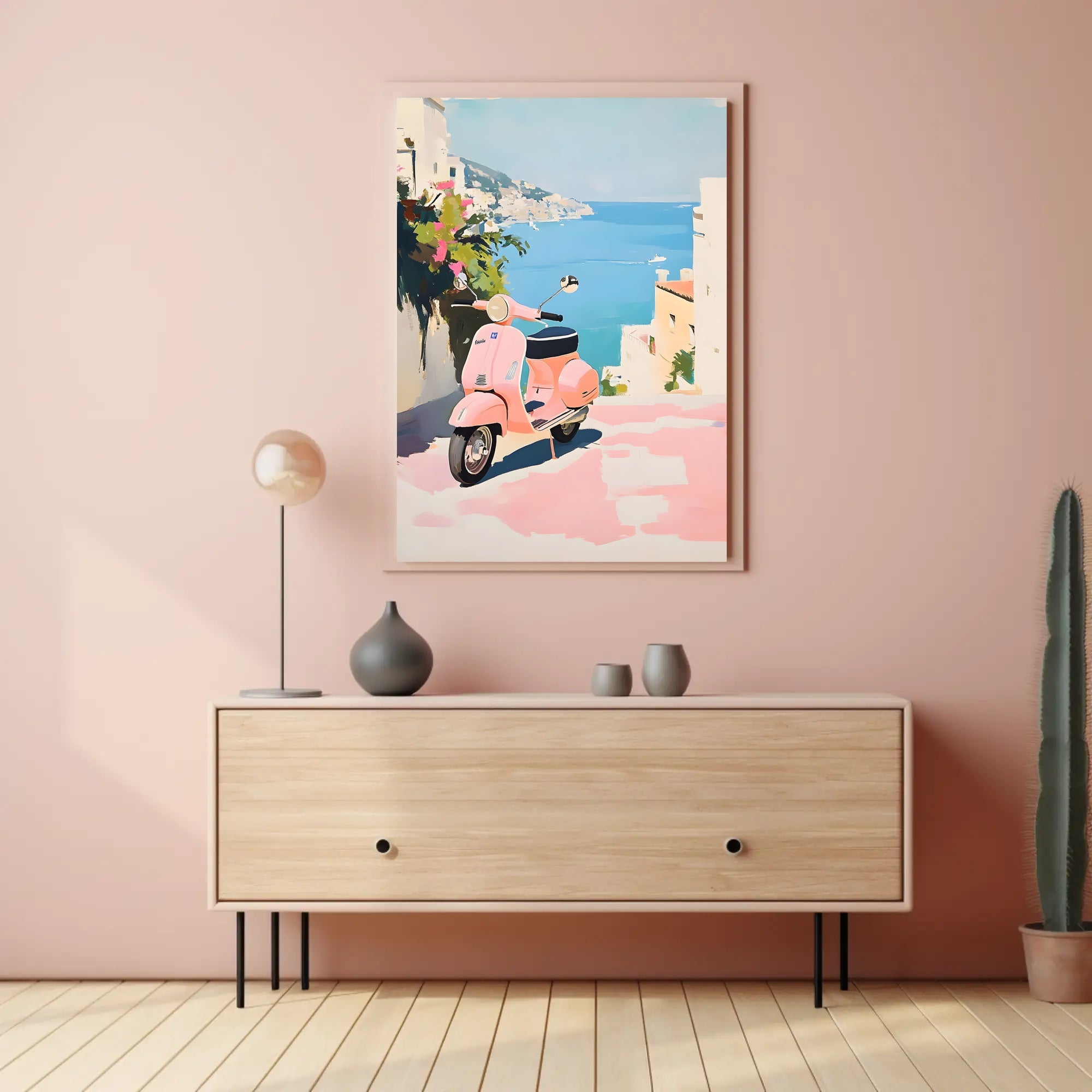 Vespa Coastal Poster Vintage Pastel Travel Wall Art