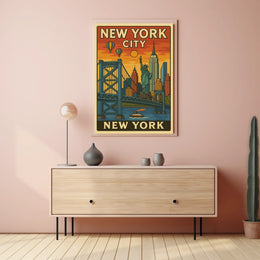New York Cityscape Poster Vintage Travel Decor Wall Art
