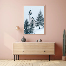 Serene Winter Chapel in Snowy Alpine Landscape