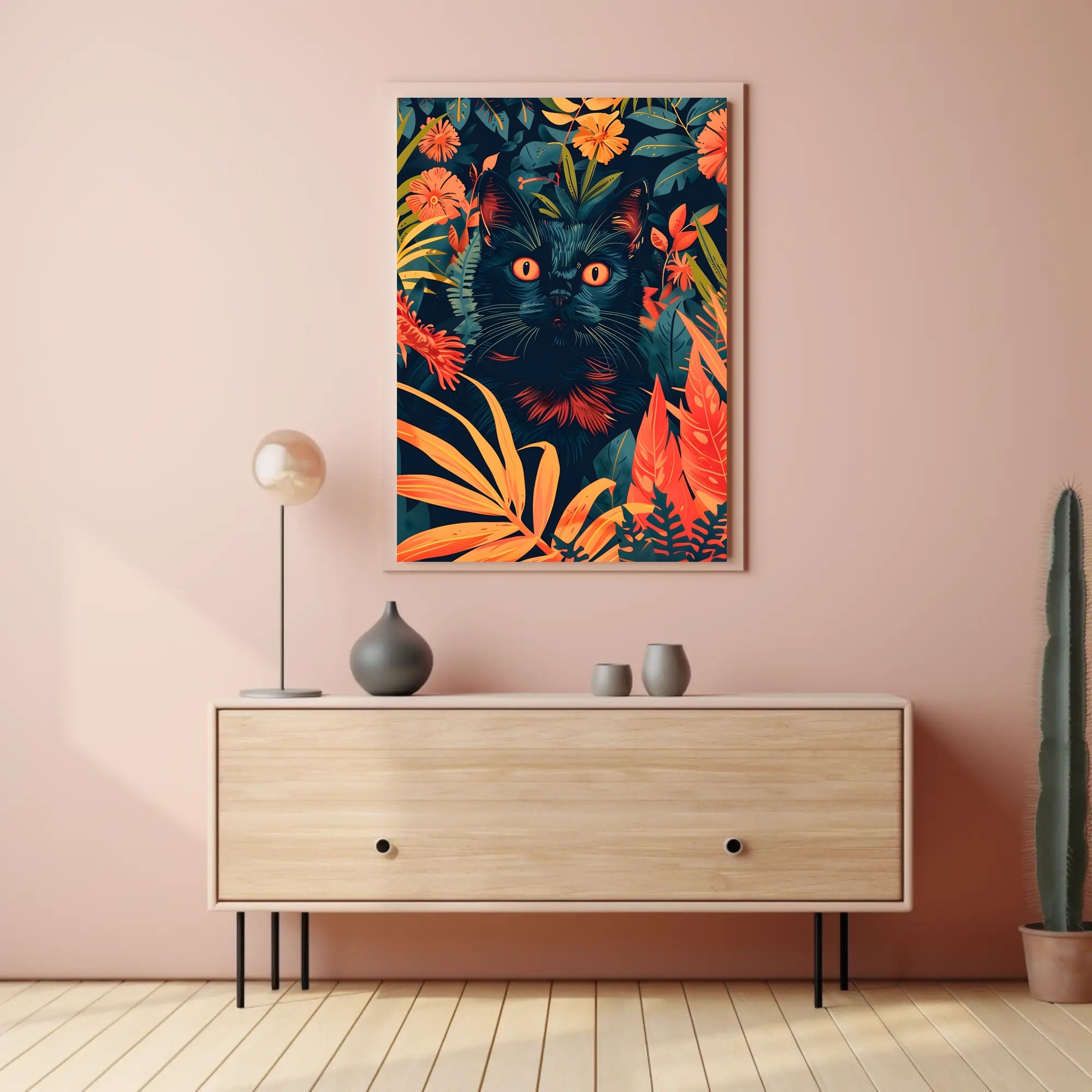 Striking Black Cat in Vibrant Jungle Animal Poster