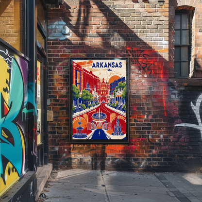 Arkansas Grand Street Circle Vintage Maroon Travel Poster USA