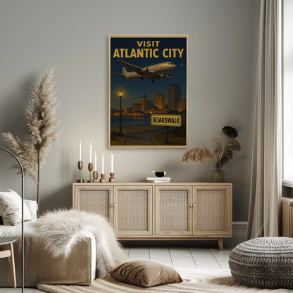 Visit Atlantic City Boardwalk Night Plane Arrival Travel Poster