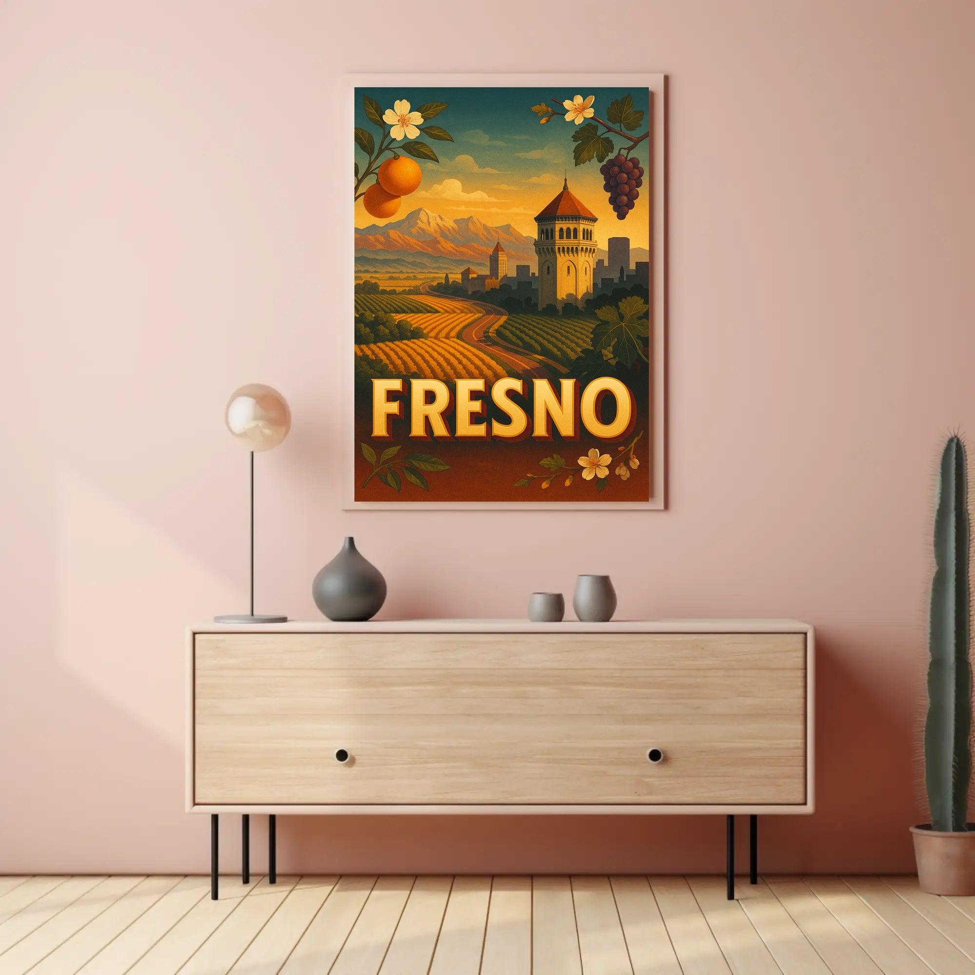 Vintage Fresno Travel Poster: Nostalgic California Vineyard Scenery
