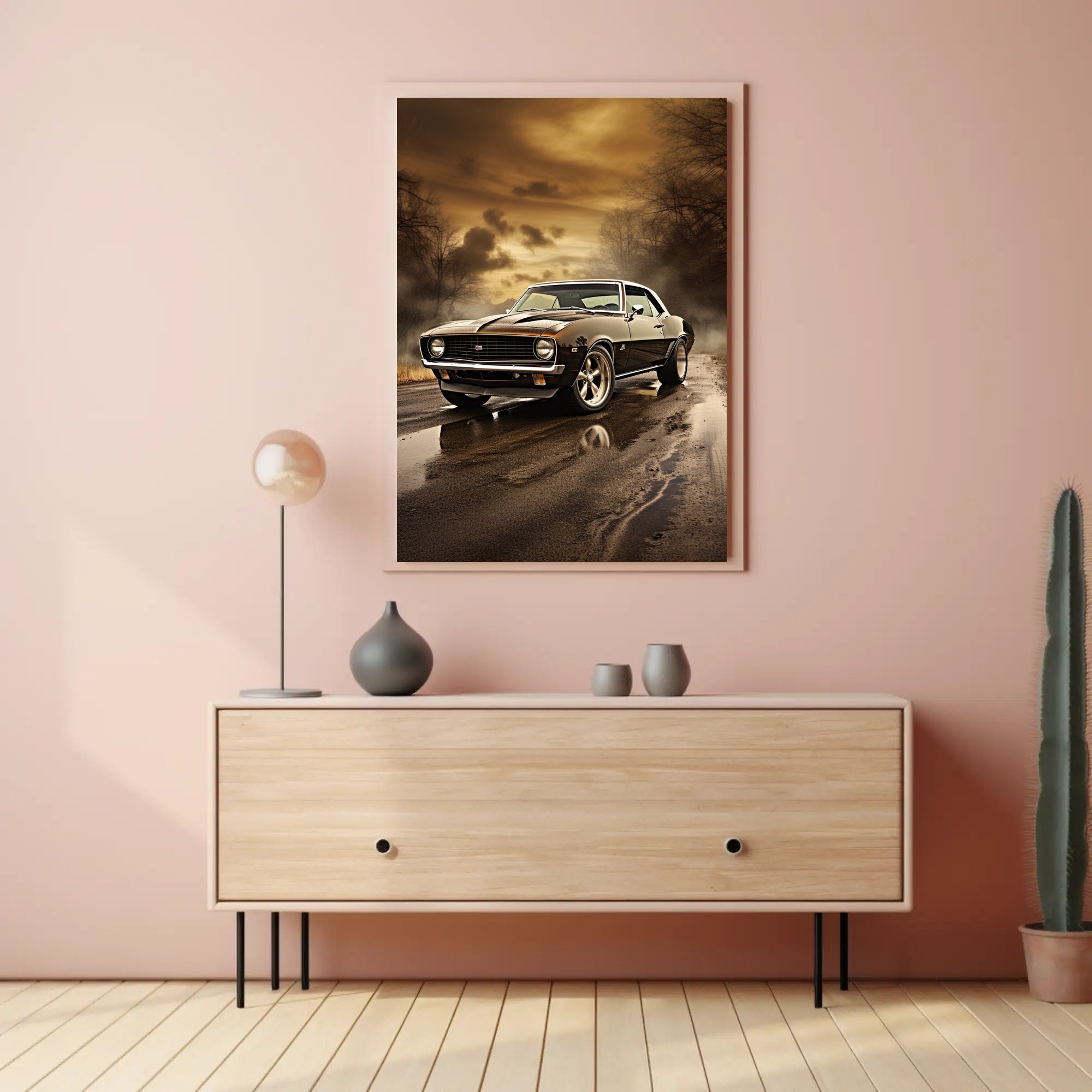 Classic Muscle Car at Sunset Poster PosterGoat
