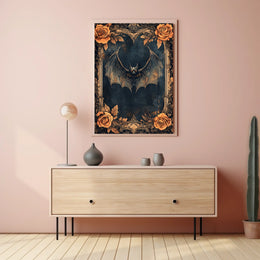 Gothic Bat Art Poster with Intricate Floral Design