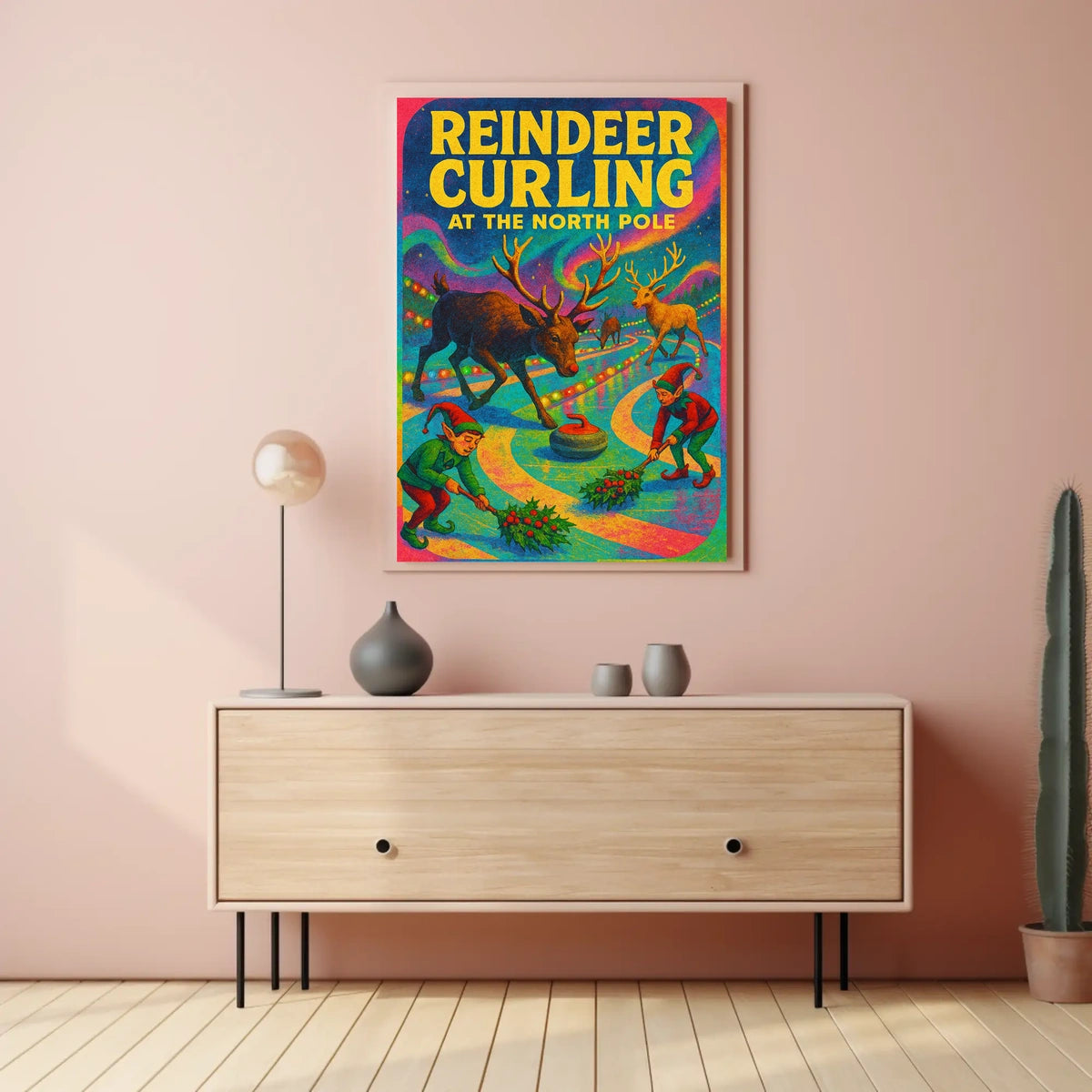 Reindeer Curling at the North Pole Poster