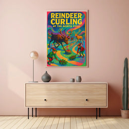 Reindeer Curling at the North Pole Poster