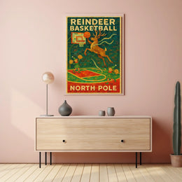 Reindeer Basketball at the North Pole Poster