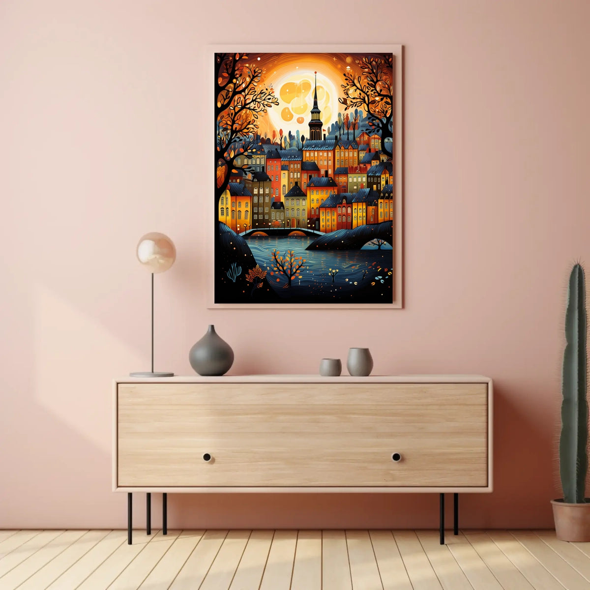 Vibrant Moonlit Classic European Townscape Art Travel Poster