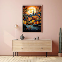 Vibrant Moonlit Classic European Townscape Art Travel Poster