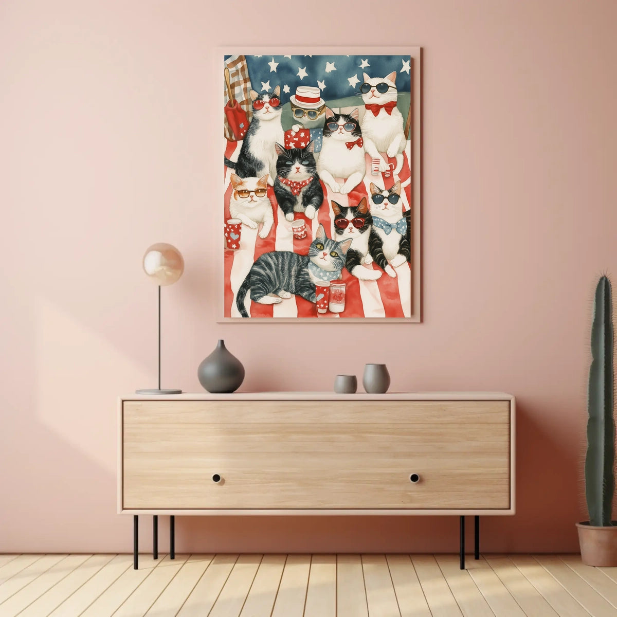 Colorful Patriotic Cats On Picnic Blanket Art Poster