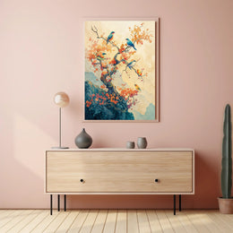 Serene Birds on Blossoming Tree Art Poster PosterGoat