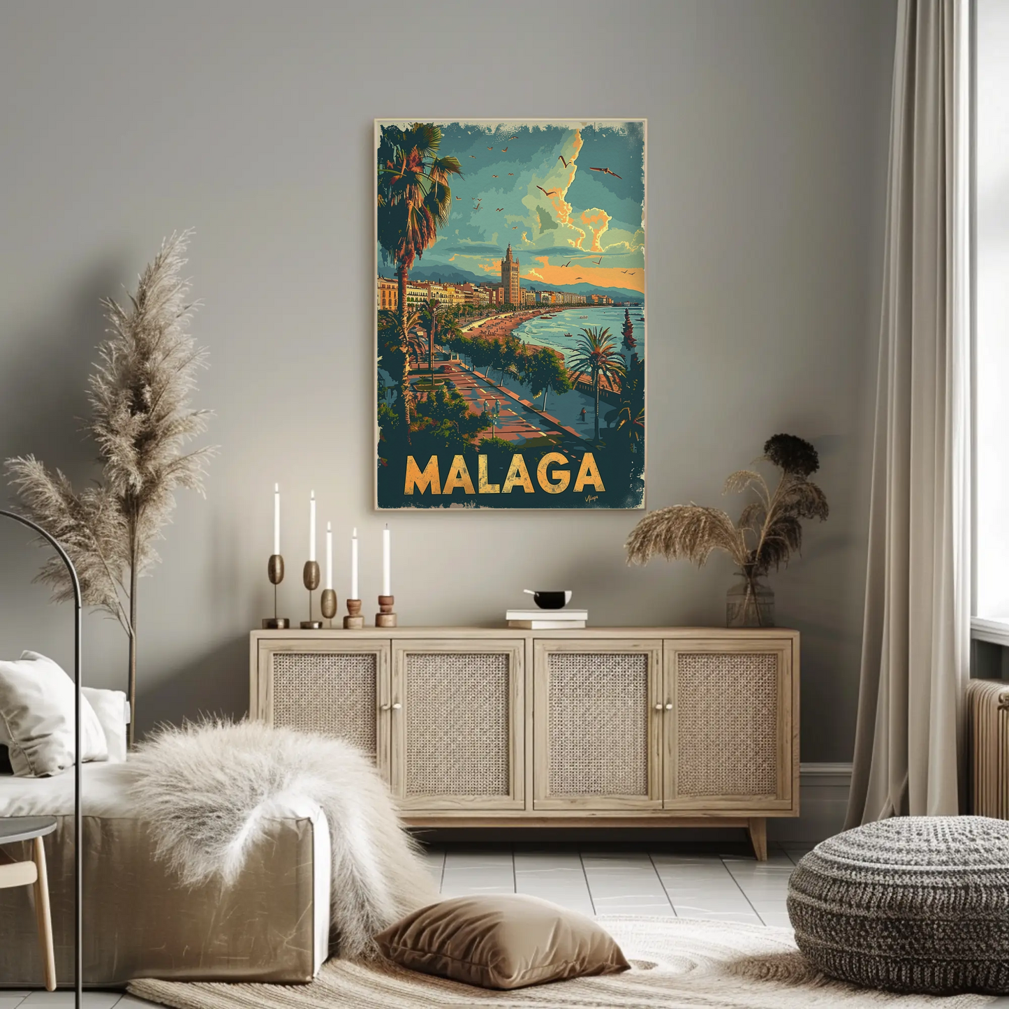 Malaga Sunset Beach Promenade Travel Poster