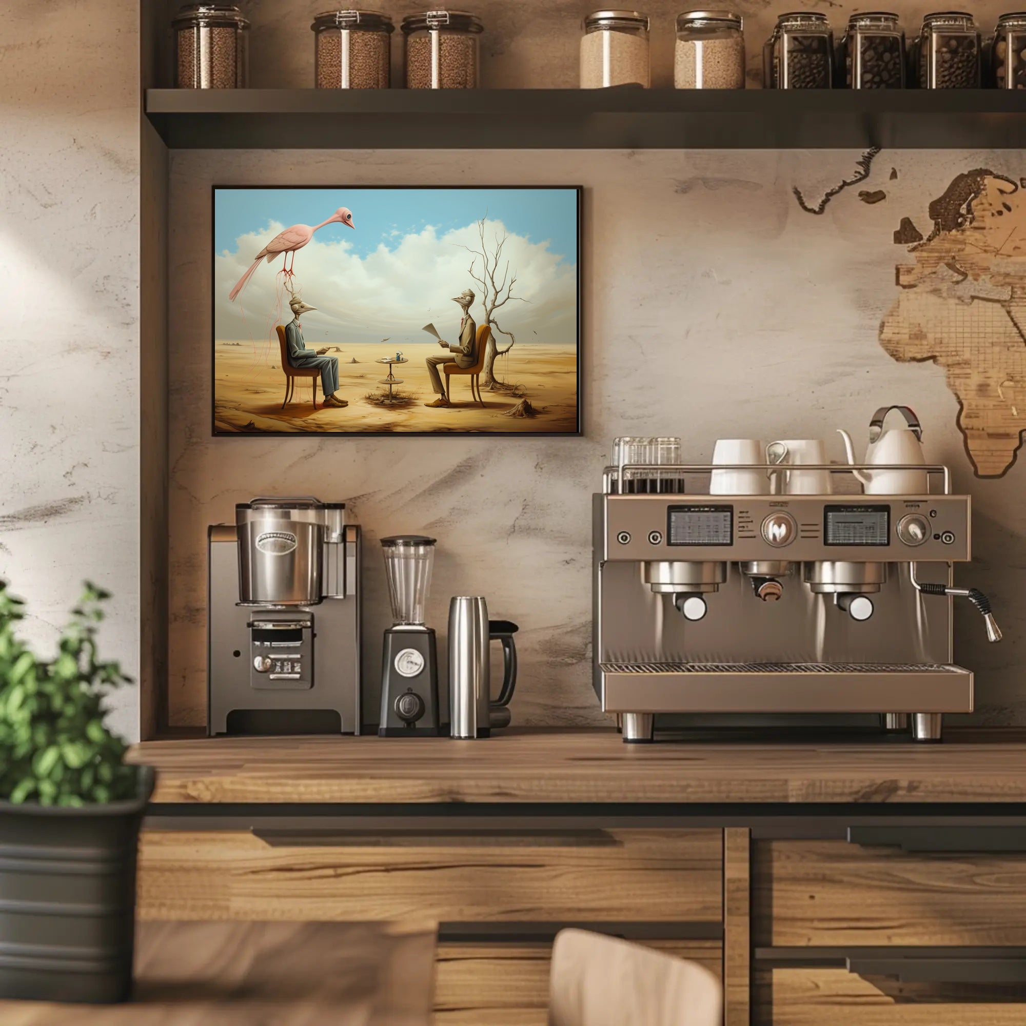 Surreal Bird-Headed Figures Formal Meeting Artistic Poster