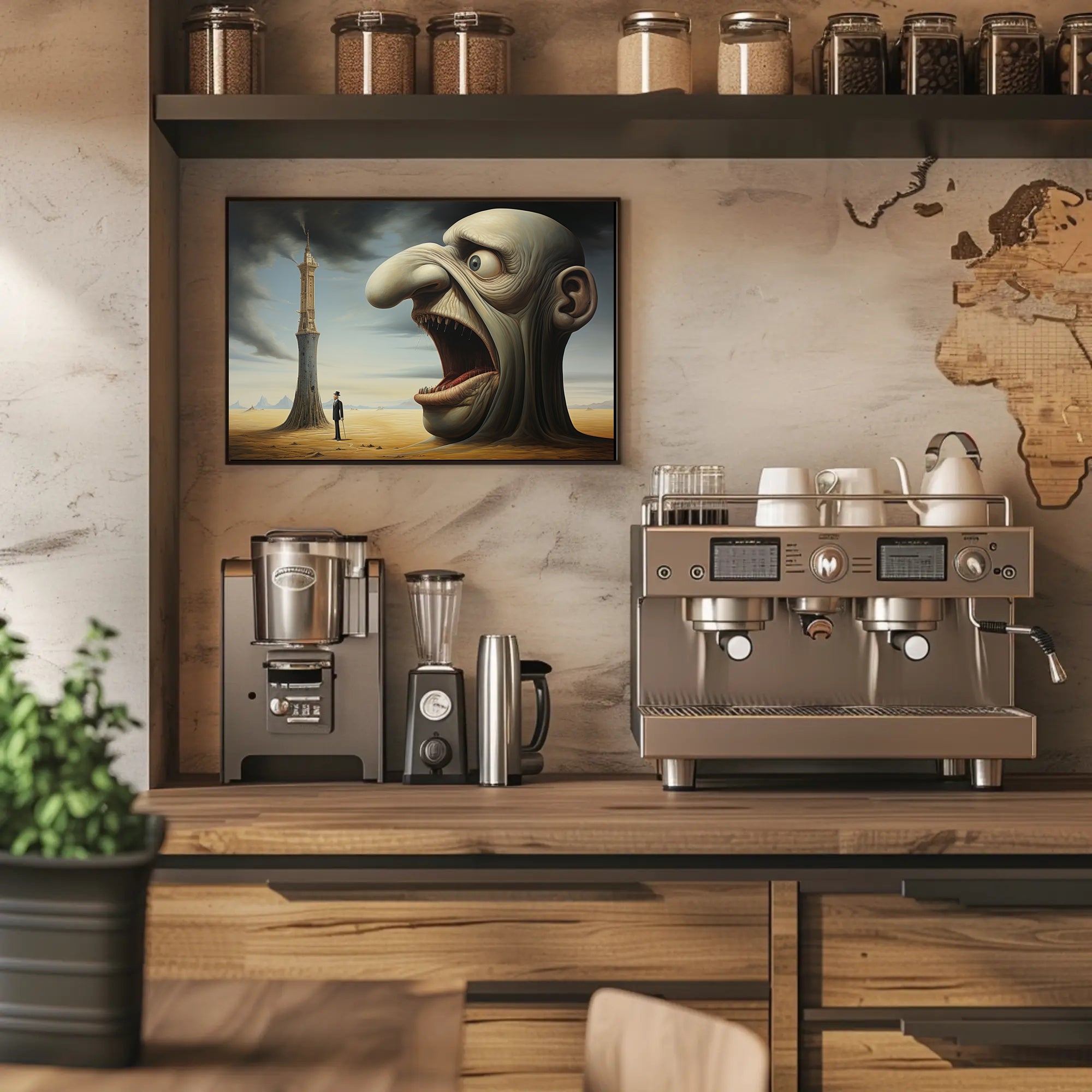 Surreal Desert Landscape with Grotesque Elements - Artistic Poster