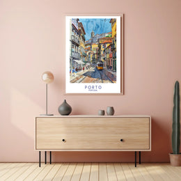 Porto Vibrant Cityscape Yellow Tram Urban Cityscape Poster PosterGoat