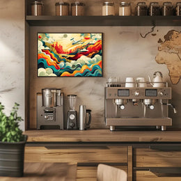 The poster features a vibrant and dynamic abstract illustration depicting an airplane soaring Travel Poster