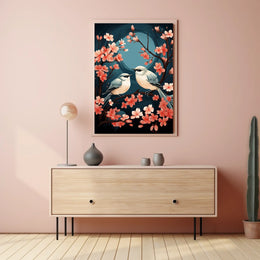 Serene Cherry Blossom Birds Art Poster Decor