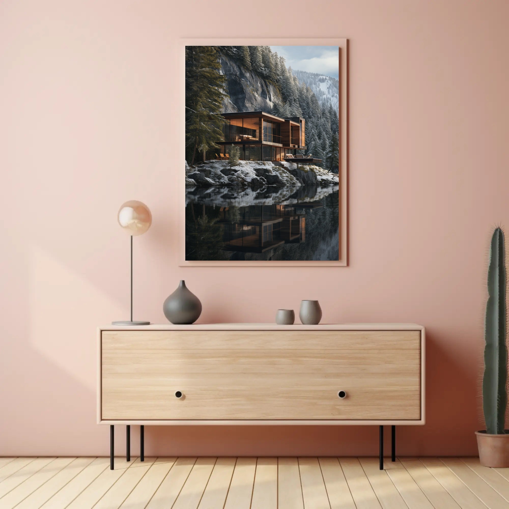 Modern Architectural House in Tranquil Winter Forest Artistic Poster