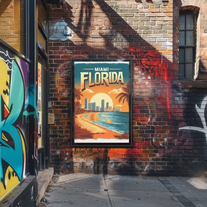 Miami Florida - Beach Sunset Vintage Travel Poster
