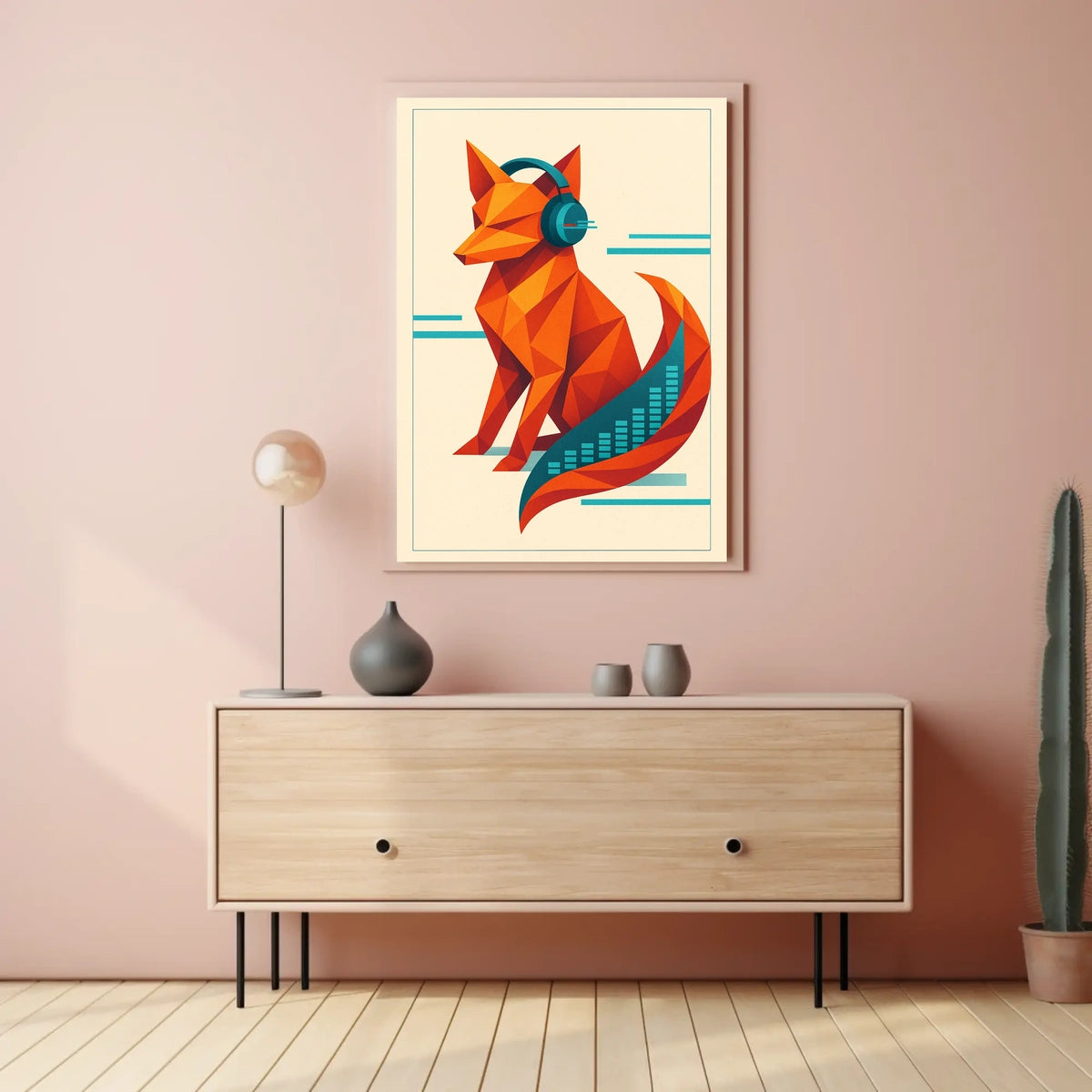 Geometric Fox With Headphones Poster