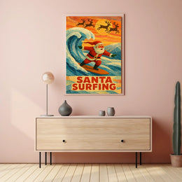 Santa Surfing Vintage Holiday Beach Art Poster